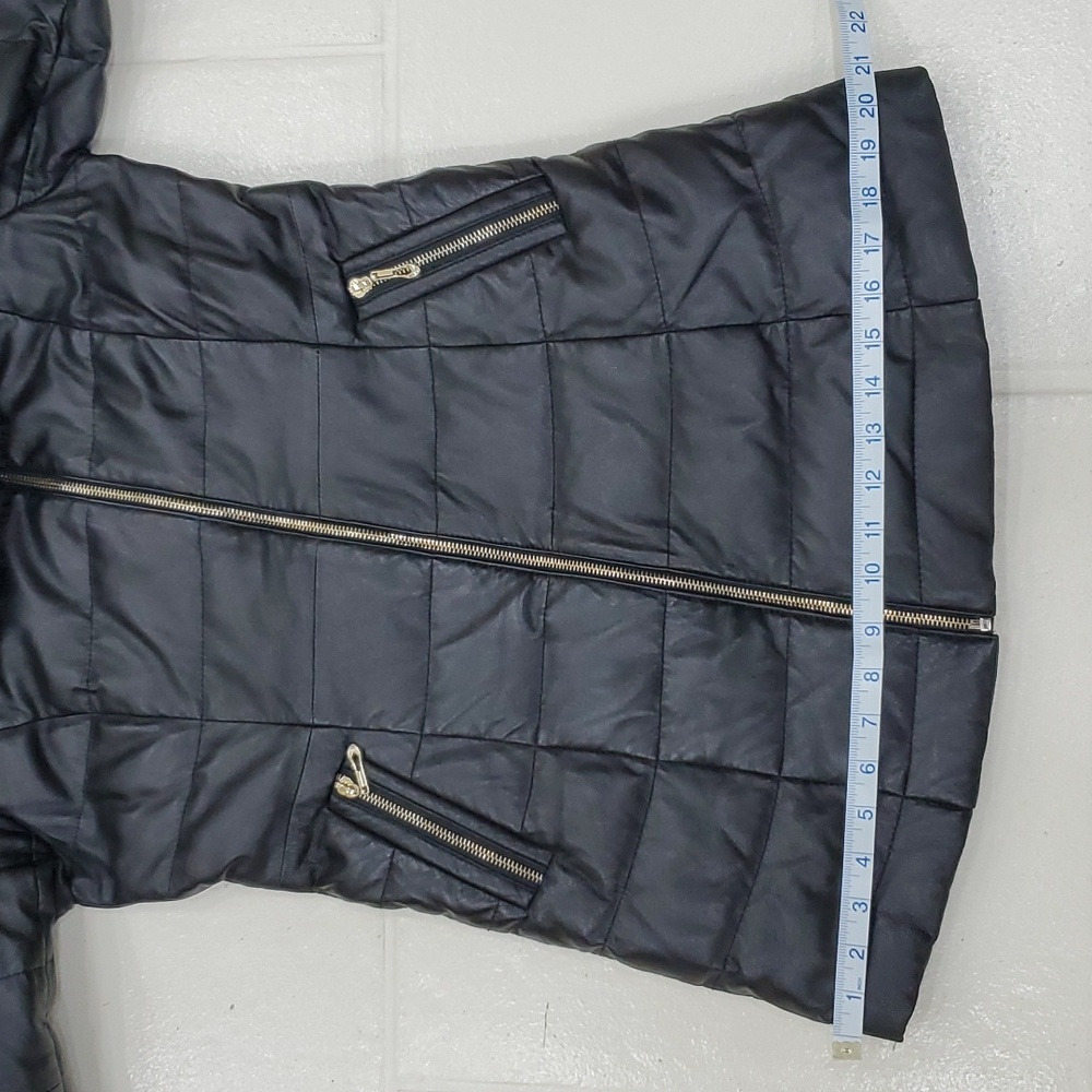 Lambskin down puffer coat fur collar women's size 6 black gold zippers - Picture 6 of 15